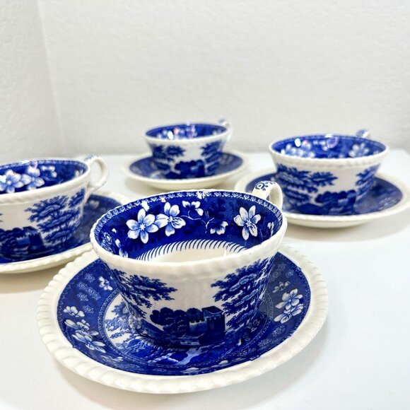 VTG English Copeland Spode's Tower Blue/White Tea Cups & 6" Saucers- Set of 4 - Picture 1 of 14